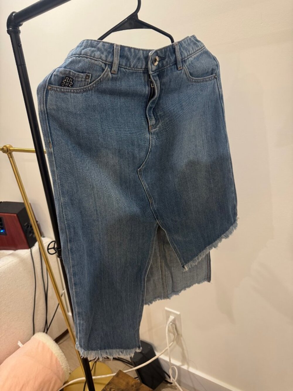 ONLY Denim Midi Skirt Asymmetric Frayed Hem Front Slit Waist 27
